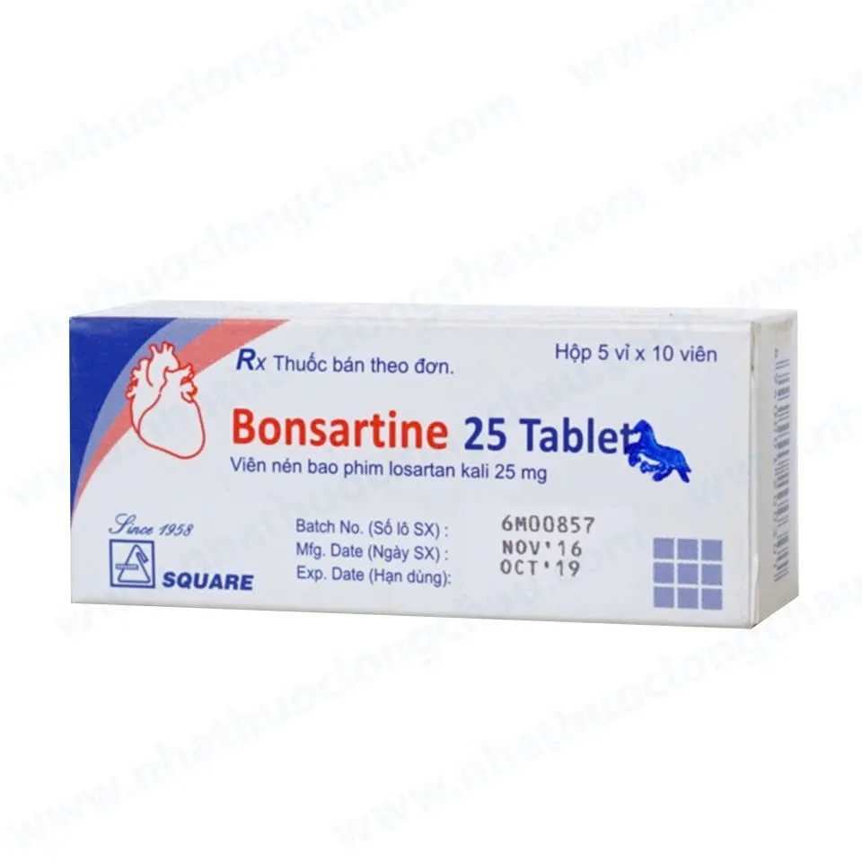 Bonsartin 25mg Square (H/50v) – Thuốc Losartan kali điều trị tăng huyết áp & bảo vệ thận